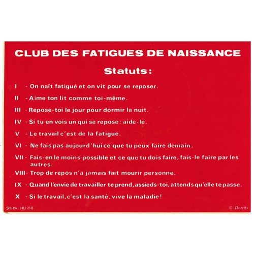 Autocollant Et Carte Postale - Humour - Club Des Fatigués De Naissance - Statuts