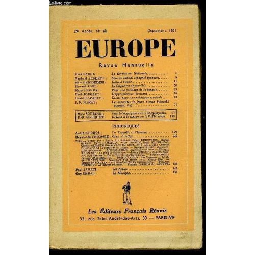 Europe Revue Mensuelle N° 54 - La Révolution Nationale Par Yves Farge. Face Au Littoral Espagnol Par Raphaël Alberti. Lettre A Esprit Par Marc Beigbeder. Le Colporteur Par Howard Fast. Pour Une(...)