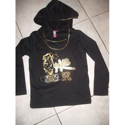 T-Shirt Basic-One Manches Longues Et À Capuche Noir Taille 8 Ans Inscriptions Dorées , Comme Neuf , Très Beau+++
