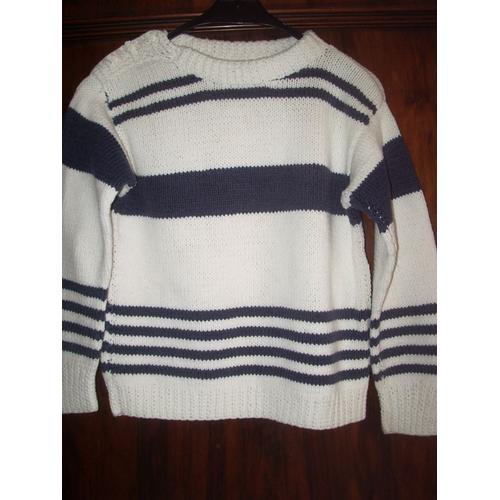 Pull Fait Main Blanc Rayé Bleu Taille 10 Ans