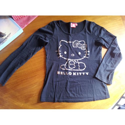 T-Shirt Manches Longues Hello Kitty Noir Imprimé Gris Brillant 12ans Neuf