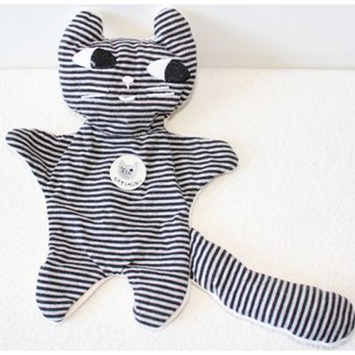 Doudou Chat Reversible Blanc Raye Gris Noir Peluche Double Face Poche Tetine