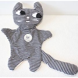 Doudou Chat Reversible Blanc Raye Gris Noir Peluche Double Face Poche Tetine