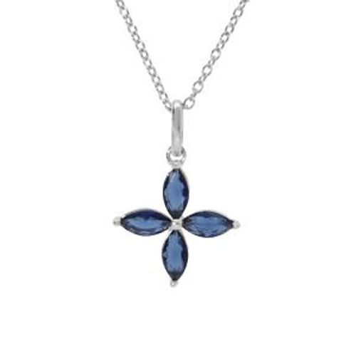 Collier Argent Rhodié Pendentif Fleur Verre Bleu Foncé 40+4cm