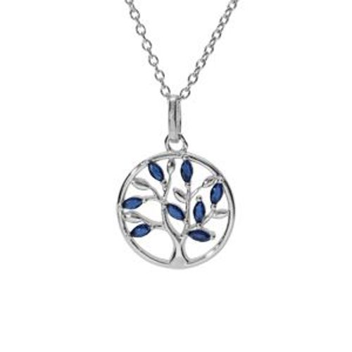 Collier Argent Rhodié Pendentif Cercle Arbre De Vie Oxydes Bleu 40+4cm