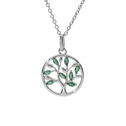 Collier Argent Rhodié Pendentif Cercle Arbre De Vie Oxydes Vert 40+4cm