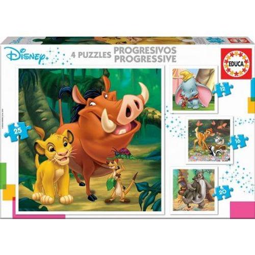 4 Puzzles Enfant : Roi Lion - Bambi - Dumbo - Livre De La Jungle - 12 - 16 - 20 - 25 Pieces - Educa Collection Disney