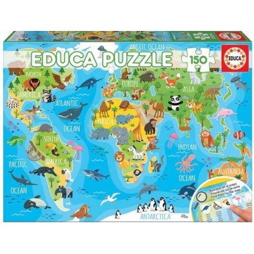 Puzzle Enfant - Carte Du Monde Des Animaux - 150 Pieces - Collection Mappemonde - Geographique - Jeu Educatifs - Nouveaute