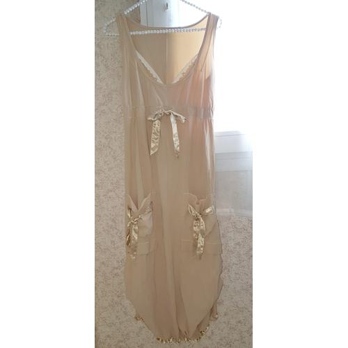 Mc Planet  Superbe Robe Longue Beige Avec NUds En Satin Et Fronces Côtés T40-L