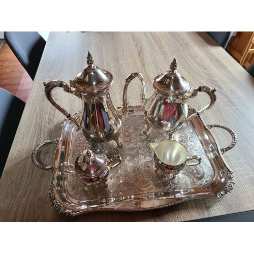 Plateau De Service Avec Cafetière, Théière, Pot À Lait Et Sucrier (Viners Of Sheffield Alpha Plate Silver Of England)