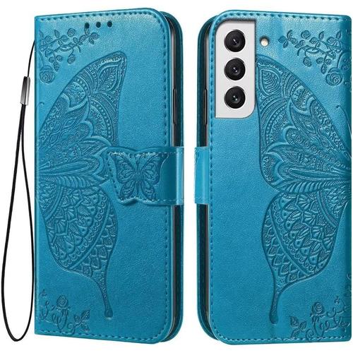 Coque Pour Samsung Galaxy S22 5g 6.1"" Inches Etui Flip Magnétique Avec 3 Fentes Pour Cartes 1 Portefeuille, Housse-Bleu