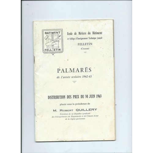 Ecole De Metiers Du Batiment Felletin Creuse Palmares De L'annee-Scolaire-1962-1963-