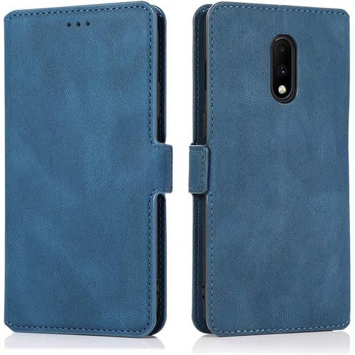 Coque Pour Oneplus 7 Ultra Fine En Cuir Vintage Avec Fentes Pour Cartes Rabat Magnétique Et Support Pliable Pour Oneplus 7 6 4""-Bleu