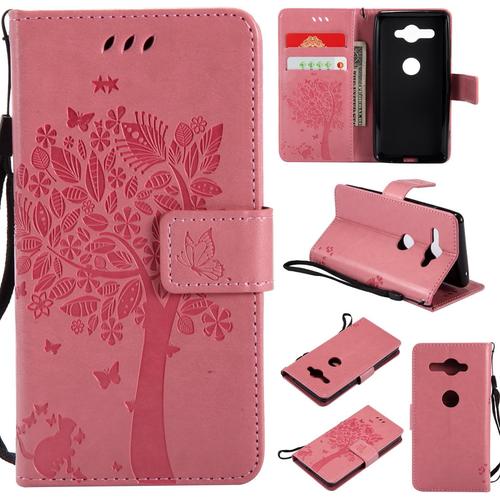 Coque Sony Xperia Xz2 Compact Arbre Et Chat Étui En Cuir Housse Portefeuille Case Antichoc Etui De Protection Avec Porte Cartes Et Fonction Support Pour Sony Xperia Xz2 Compact