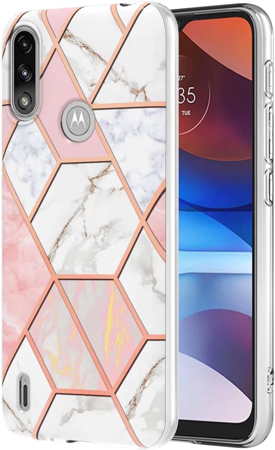 Compatible Avec Coque Motorola Moto E7 Power/Moto E7i Power Placage Double Face Imd Splicing Marble Protecteur D'écran Gratuit Dur Tpu Silicone Bumper Antichoc Étui-Rose-Blanc