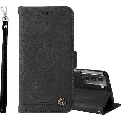 Coque Samsung Galaxy S21 5g, Etui Portefeuille Samsung Galaxy S21 5g, Tpu Anti-Choc Housse Protection Cuir Synthétique Case Fonction Support Pour Samsung Galaxy S21 5g, Le Noir