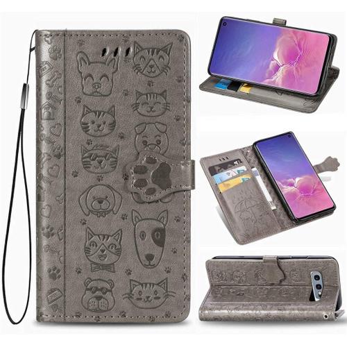 Samsung Galaxy S10e Coque Chien Et Chat Mignon Pu Cuir Magnétique Flip Portefeuille Support Porte Carte Protecteur Coque Housse Étui Avec Dragonne Pour Samsung Galaxy S10e Gris