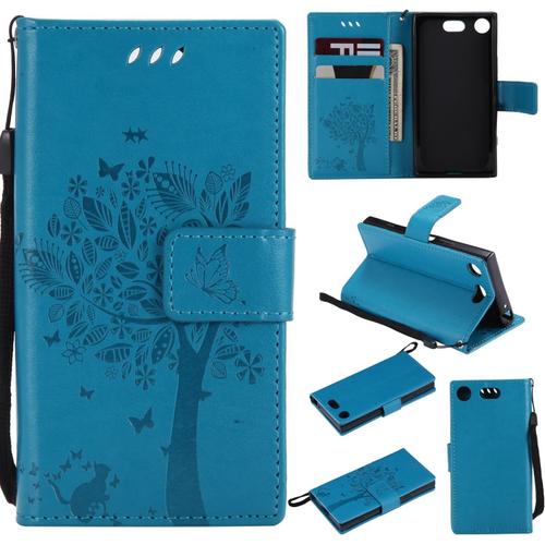 Coque Sony Xperia Xz1 Compact Arbre Et Chat Étui En Cuir Housse Portefeuille Case Antichoc Etui De Protection Avec Porte Cartes Et Fonction Support Pour Sony Xperia Xz1 Compact