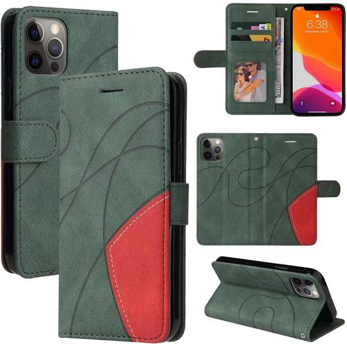 Coque Compatible Avec Apple Iphone 12 Portefeuille Flip Etui 3 Fentes Pour Cartes Stand Support Fermeture Magnétique Bicolores Dragonne Cuir 360 ° Antichoc 2& Verre Trempé Vert