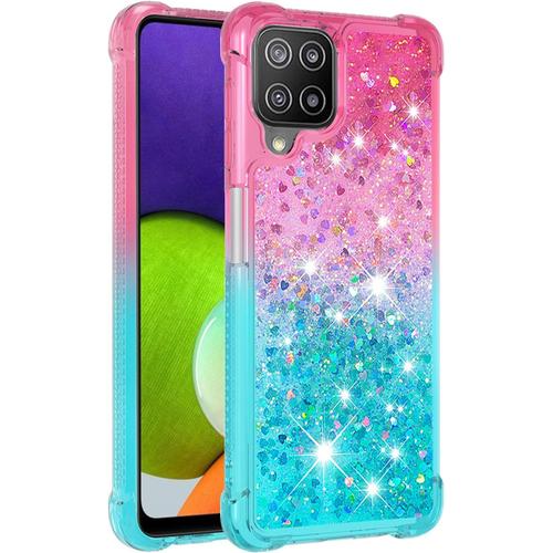 Pour Samsung M32 Coque Galaxy M32 Coque Avec Protecteur D'écran 360 Protection Mouvants Liquide Glitter Bling Case Tpu Silicone Antichoc Cover Pour Samsung Galaxy M32 Rose/Bleu