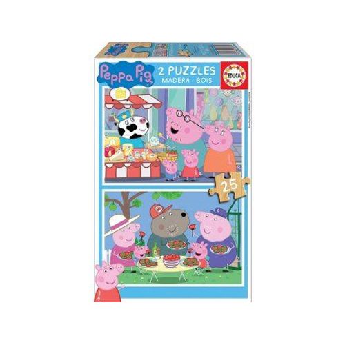 Coffret De 2 Puzzles De 25 Pieces En Bois Peppa Le Cochon Au Marche / Peppa Pig Dejeune Avec Sa Famille - Puzzle Educa Enfant