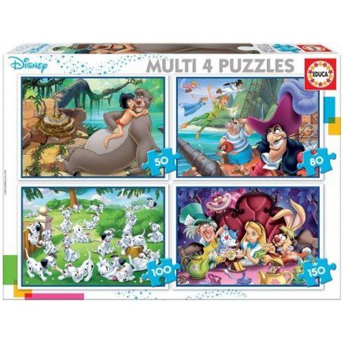 4 Puzzles Disney : 50 - 80 - 100 - 150 Pieces - Livre De La Jungle - Peter Pan - 101 Dalmatiens - Alice Au Pays Des Merveilles