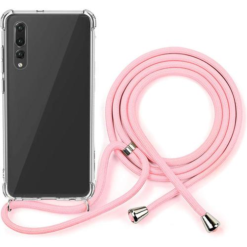 Coque Transparente Pour Huawei P20 Pro Avec Cordon De Collier, Étui Transparent En Pc Dur Avec Cordon Réglable Longueur Cha Ne Bord Silicone Anti-Choc Pour Huawei P20 Pro - Rose