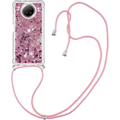 Lanyard Housse Pour Xiaomi Redmi Note 9t Coque, Bling Liquide Paillette Silicone Antichoc Kawaii Etui Housse Avec Cordage Lanyard Case Pour Xiaomi Redmi Note 9t 5g. Lp Love Rose