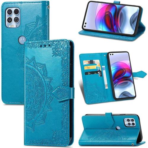 Coque Pour Motorola Moto G100 5g Edge S Mandala Gaufrage Pu Cuir Magnétique Flip Portefeuille Support Portecarte Housse Étui Avec Dragonne Pour Motorola Moto G100 5g Edge S Bleu