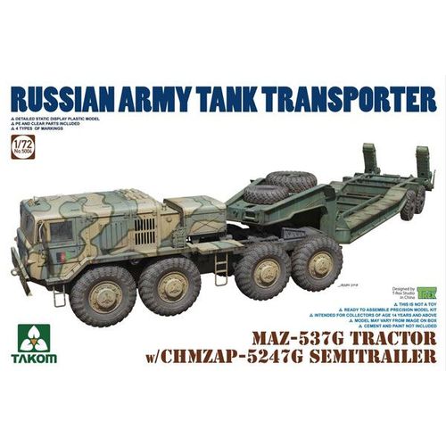 1/72 Russian Army Maz-537g Tractor W/Chmzap-5247g Semi-Trailer Tank Transport Car Plastic Model-Takom