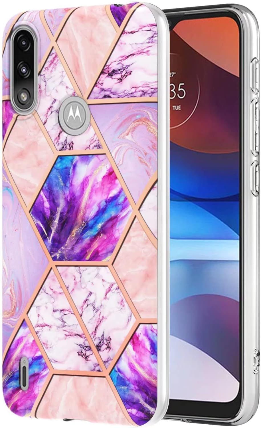 Compatible Avec Coque Motorola Moto E7 Power/Moto E7i Power Placage Double Face Imd Splicing Marble Protecteur D'écran Gratuit Dur Tpu Silicone Bumper Antichoc Étui-Violet-Clair