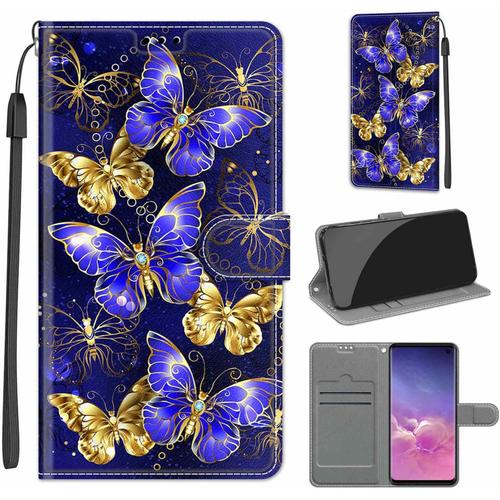 Coque Compatible Pour Samsung Galaxy S10 Étui Silicone Pu Cuir Clapet A Rabat Magnetique Case Cover Support Kickstand Bumper Antichoc Drôle Motif Housse Portefeuille Papillon 1