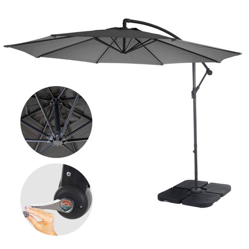 Parasol Déporté Acerra, Protection Contre Le Soleil, Ø 3m Inclinable, Polyester 11kg   Gris Avec Socle À Poids