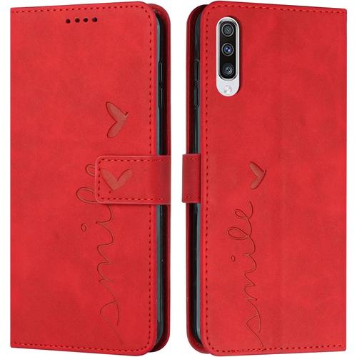 Coque Pour Samsung Galaxy A50, Pochette Porte Cartes Portefeuille Cuir Pu Magnétique Antichoc Étui À Rabat Stand Fonction Protection Flip Housse Pour Samsung A50s / A30s Rouge Ax