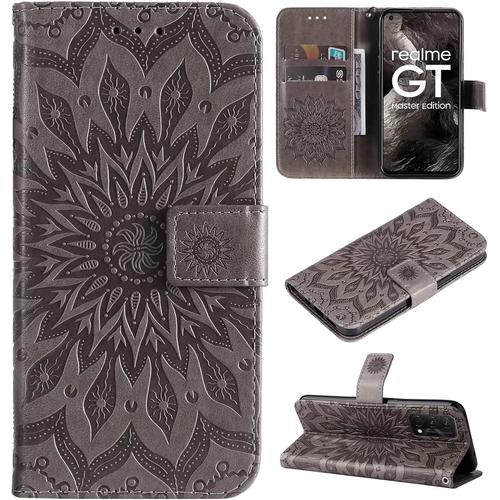 Coque Pour Oppo Realme Q3 Pro Carnival Edition Portefeuille Rabat Étui Housse 2 Carte Fentes Stand Support Magnétique Gaufrée Tournesol Pu Cuir 360° Antichoc 2& Verre Trempé Gris