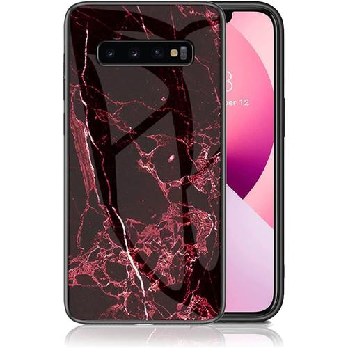 Coque Compatible Avec Samsung Galaxy S10 5g Etui Bord Souple Tpu Arrière En Verre Trempé Antichoc Marbre Motif Housse De Protection Case Cover Pour Samsung S10 5g. Rouge Sang Lsm