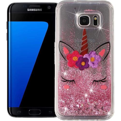 Coque Pour Samsung Galaxy S7 Edge Silicone Gel Housse Bumper Antichoc Etui De Protection Transparente Liquide Paillette Brillant Glitter Rose Case Cover Licorne Cadeau Fille Femme