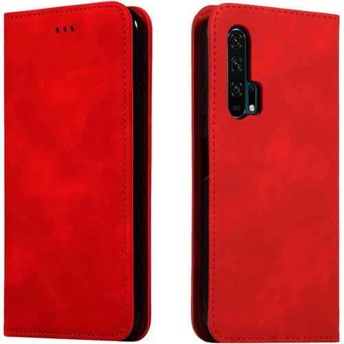 Étui Coque Pour Honor 20 Pro 6.26"" Premium En Cuir Affaires Folding Folio Housse Téléphone Portable Étui Magnétique Loquet Pu Leather Rabat Wallet Case Cover Antichoc Housse Rouge