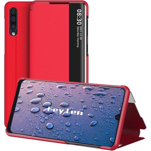 Coque Pour Samsung Galaxy A50 Avec Verre Trempé, Clear View Magnetique Étui À Rabat Étui Full Body Protecteur Housse Antichoc Anti Rayure Flip Folio Stand Support Case Cover Rouge