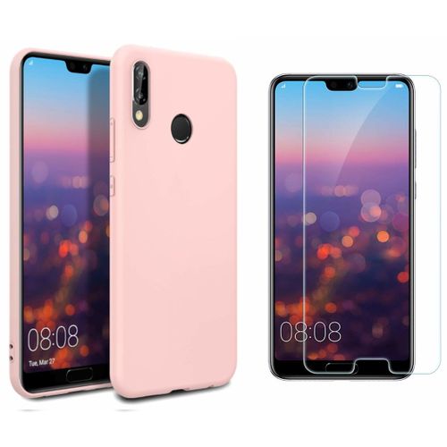 Coque Souple Silicone Pour Huawei P30 Lite Rose + Verre Trempé Anti Chocs Et Rayures Vitre De Protection Couleur :