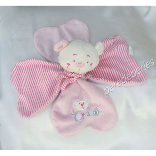 Doudou Peluche Plat Ours Blanc Rose Rayures Echarpe Dodo D'amour Mgm