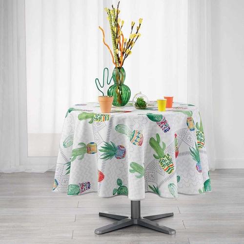 Nappe Ronde Imprimée "Melocactus" 180cm Blanc & Vert