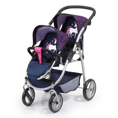 Poussette Jumelle Pour Poupee Licorne Bleu Et Rose Vif Reglable