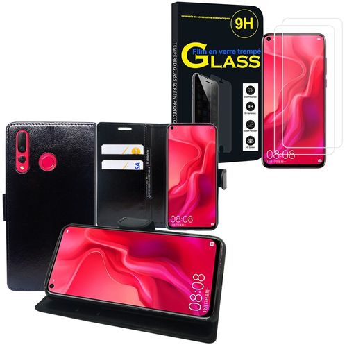 Etui Portefeuille Pour Huawei Nova 4 6.4" Support Video Cuir Pu - Noir + 2 Films Verre Trempé