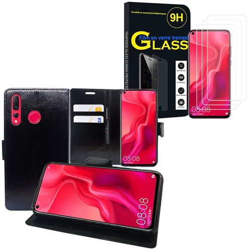 Etui Portefeuille Pour Huawei Nova 4 6.4" Support Video Cuir Pu - Noir + 3 Films Verre Trempé