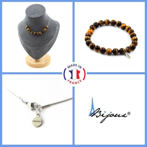 Parure Bracelet Collier 10 Perles Oeil De Tigre 8 Mm. Chaine En Acier Taille Personnalisable.
