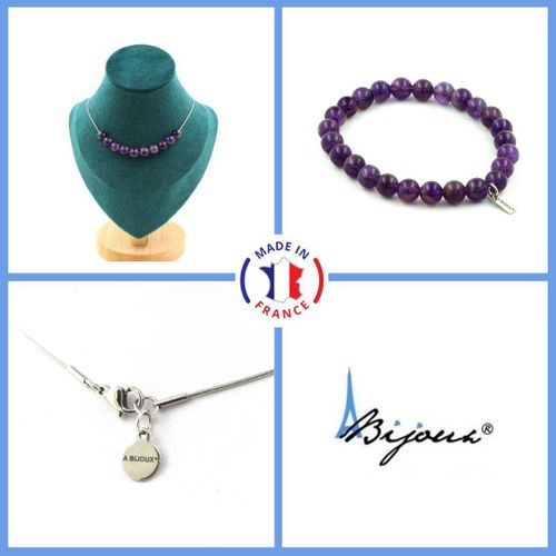 Parure Bracelet Collier 10 Perles Améthyste 8 Mm. Chaine En Acier Taille Personnalisable.