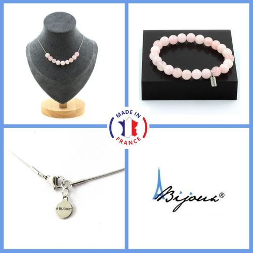Parure Bracelet Collier 10 Perles Quartz Rose 8 Mm. Chaine En Acier Taille Personnalisable.