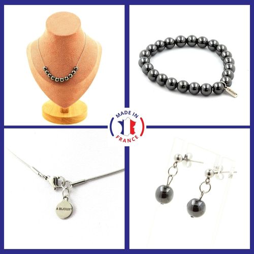 Parure Bracelet Collier Boucles D'oreilles Puces 10 Perles Hématite 8 Taille Personnalisable.