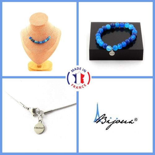 Parure Bracelet Collier 10 Perles Agate Rubanée Bleu 8 Mm. Chaine En Taille Personnalisable.